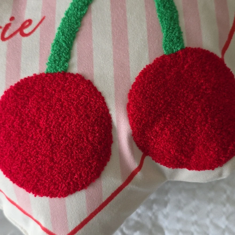 Heart-Shaped Pink and Red Cherry Pillow 13x14